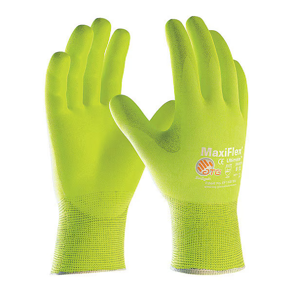 Hi-Vis Coated Gloves, Foam Nitrile, Foam, Palm, 3 Abrasion Level, Lime, 2XL (11)