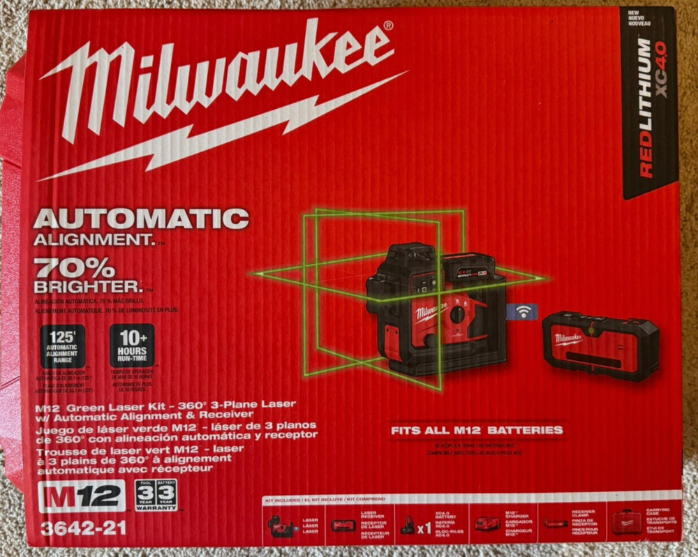 Milwaukee 3642-21 M12 Green 360 3-Plane Laser W/Automatic Alignment & Receiver
