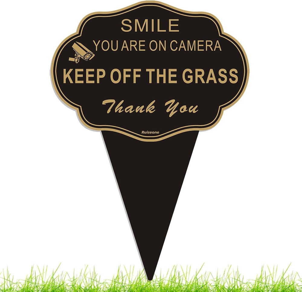 Keep off the Grass Sign, 14”X10” Double Sided Smile You Are on Camera Stay off G
