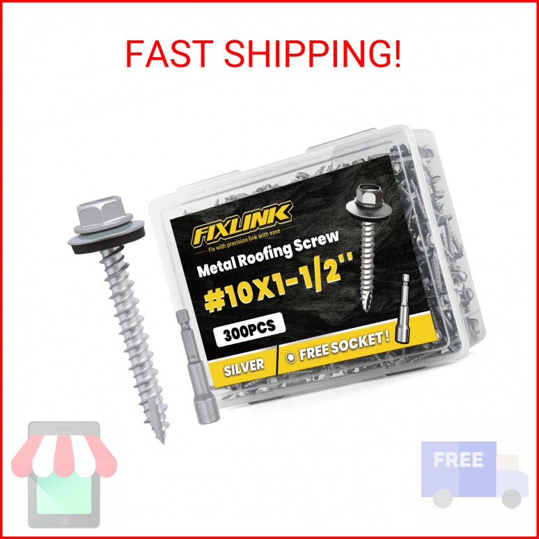 Metal Roofing Screws #10 x 1-1/2″, 300 PCS, FIXLINK RUSPERT Hex Head Rubber Wash