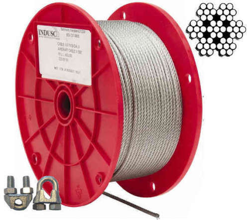 250′ 1/8″ 7×7 Galvanized Steel Aircraft Cable Wire Rope (Optional Clamps)