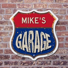 Mike’s Garage Shield Shaped Sign Weather Resistant Crafted in the USA