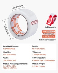 Clear Packing, 3 Inches Core, 6 Rolls 1.88 Inches X 65 Yards Packing Tape with