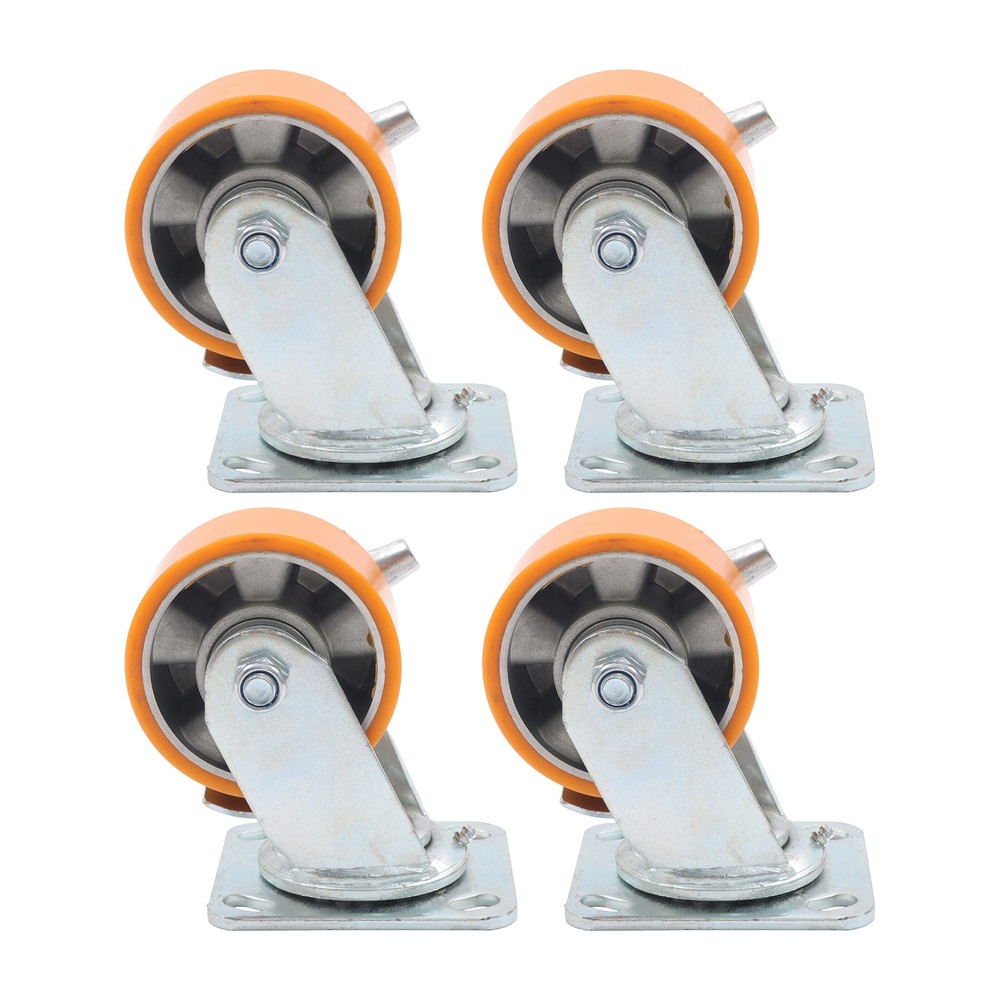 4″ Side Brake Polyurethane Plate Casters, 3200 Pounds, Silver + Qrange, 4 Pieces