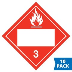 Class 3 Flammable Liquid Placard 10-pk., 10.75″x10.75″ Removable Adhesive Vinyl