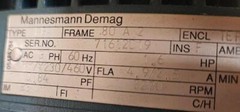 MANNESMANN KBA FRAME 80 A 2 ENCL TEFC 3PH 1.6HP 230/460V 4.9/2.5A 3270 RPM MOTOR