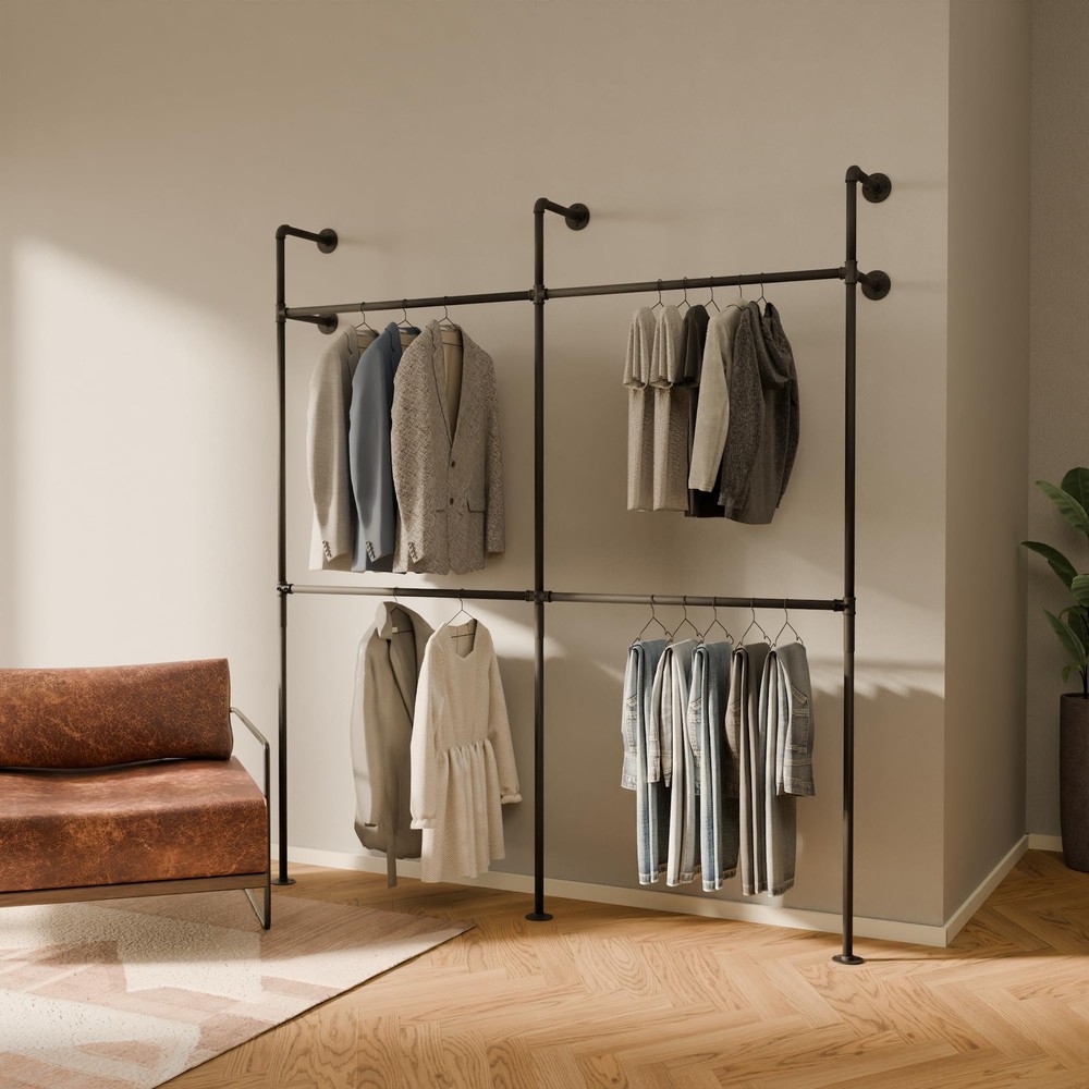 Wall Mounted Clothing Rack Industrial Pipe 79.13 W 87.4 H Black Steel pamo