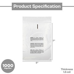 Clear Resealable Poly Bags 5″ x 7″ with Suffocation Warning 1.5 Mil 1000 Pieces