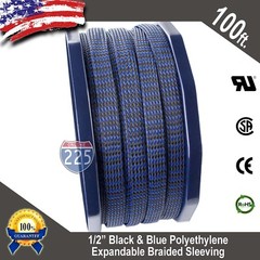 100 FT 1/2″ Black Blue Expandable Wire Sleeving Sheathing Braided Loom Tubing US