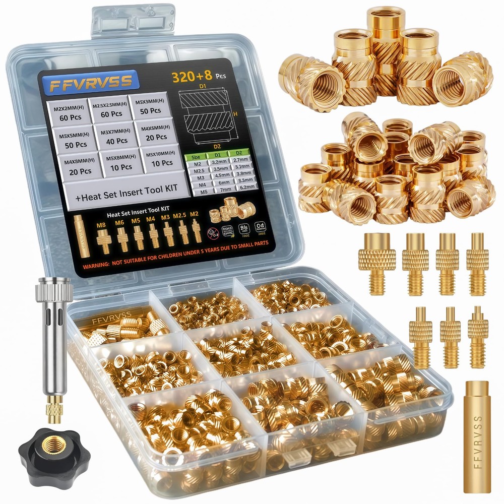 320+8Pcs Premium Brass Threaded Inserts，M2 M2.5 M3 M4 M5 Thread Metric Knurled