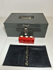 Art Steel Cash Box Latch Padlock Vintage + Quick-Adder Counter + Exxon Wallet