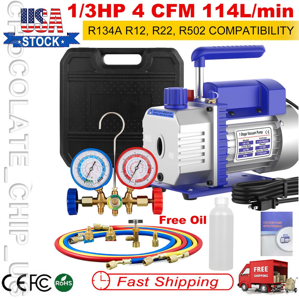 4 CFM 1/3hp Air Vacuum Pump HVAC Refrigeration AC Manifold Gauge Set R134a Kit