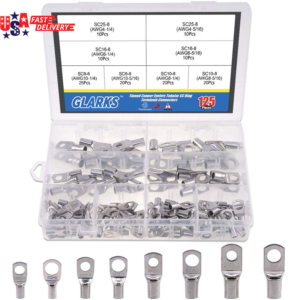 125Pcs Marine Grade Heavy Duty Tinned Copper Wire Lugs Battery Cable Ends Eyelet