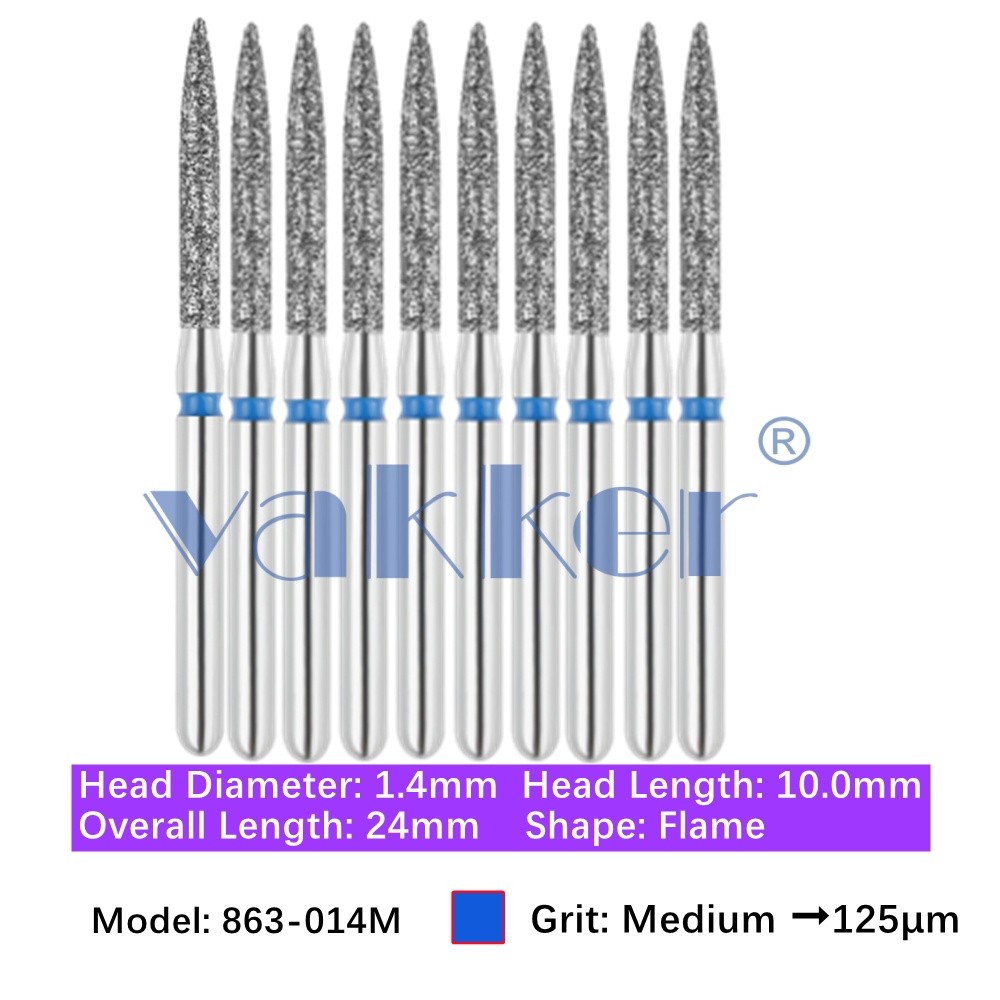 10/Pk Dental Diamond Bur Flame Shape FG 863-014M Medium Grit FG High Speed