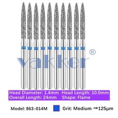 10/Pk Dental Diamond Bur Flame Shape FG 863-014M Medium Grit FG High Speed