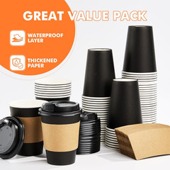 50 Pack 12 Oz Disposable Coffee Cups with Lids and Sleeves, Sturdy