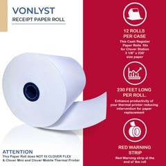 Vonlyst Thermal Receipt Paper Rolls 3 1/8″ x 230′ for Clover Station (12 rolls)