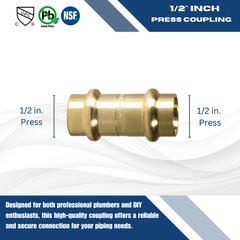 5 Pieces 1/2″ Press Coupling, Press Fit, Lead Free Brass