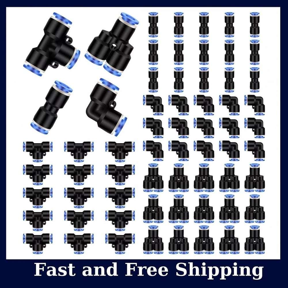 60 Pcs Push to Connect Fittings Air Line Pneumatic Kit Quick Release 1/4″ Od,NEW