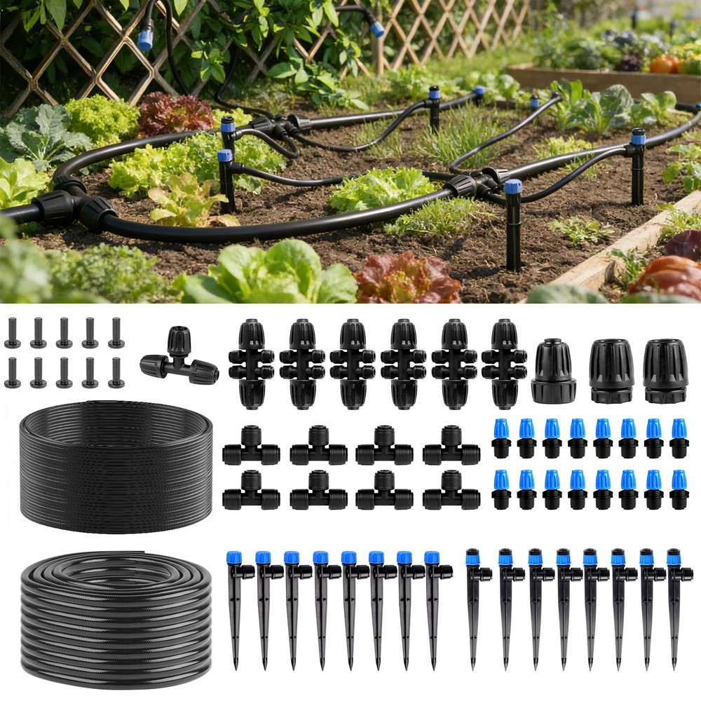 Garden Drip Irrigation System 230FT with 1/2″ & 1/4″ Tubing – Adjustable
