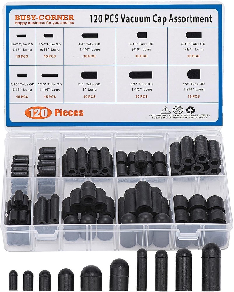 120 Pieces Rubber Vacuum Cap Assortment 10 Sizes Tube OD from 1/8″ to 1/2″ Sizes