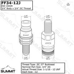 Flat Face Hydraulic Quick Coupler, 3/4″ Body x #12 JIC Skid Steer Bulkhead Mount