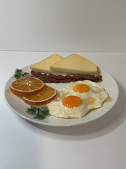 Faux Breakfast Plate Display Food Props – Eggs Bacon Toast Orange Slices