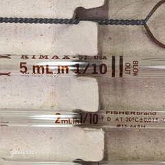 6 pc KIMAX Fisher NO. 3700 USA 2mL Reusable Volumetric Glass Pipette Pipet TD/TC