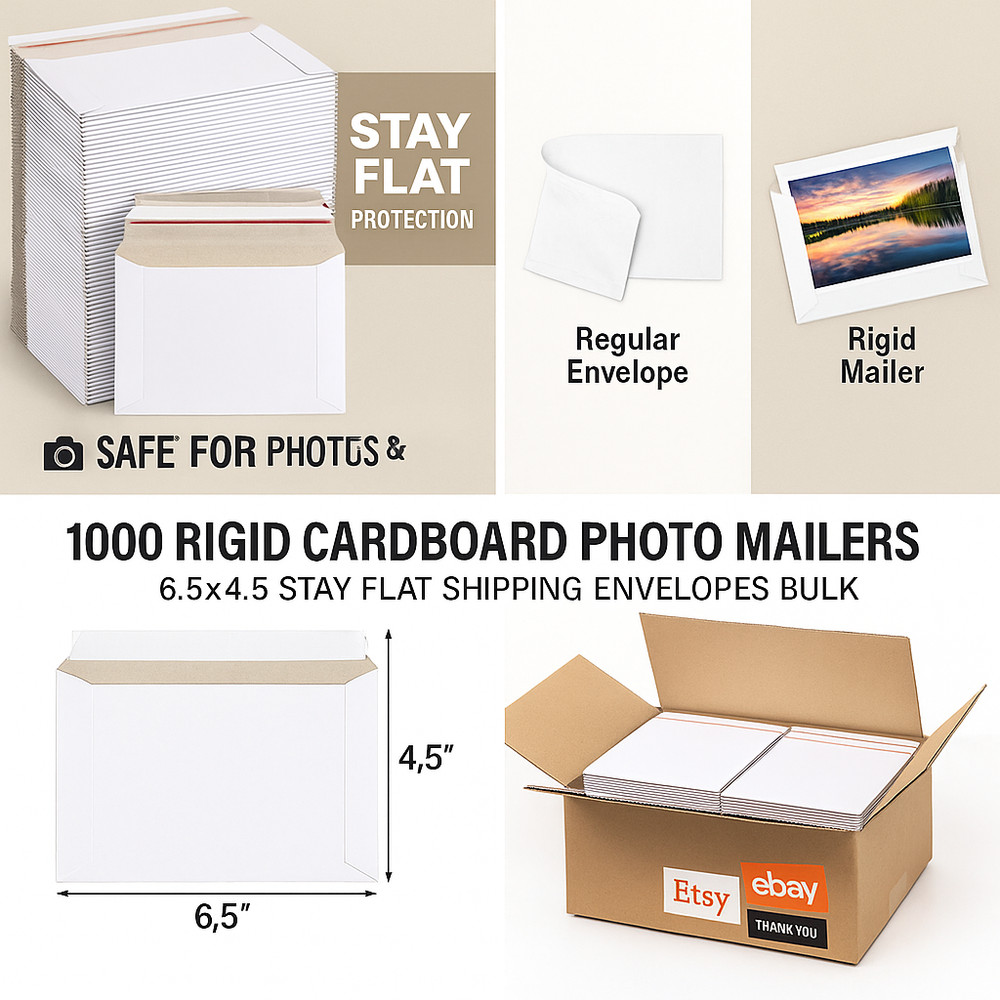 1000 Rigid Photo Shipping Flats 6.5×4.5 White Cardboard Mailers Envelopes