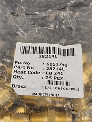 (QTY 25) 28214L Low Pressure Hex Nipple 1/2″ Male NPTF Brass Pipe Thread