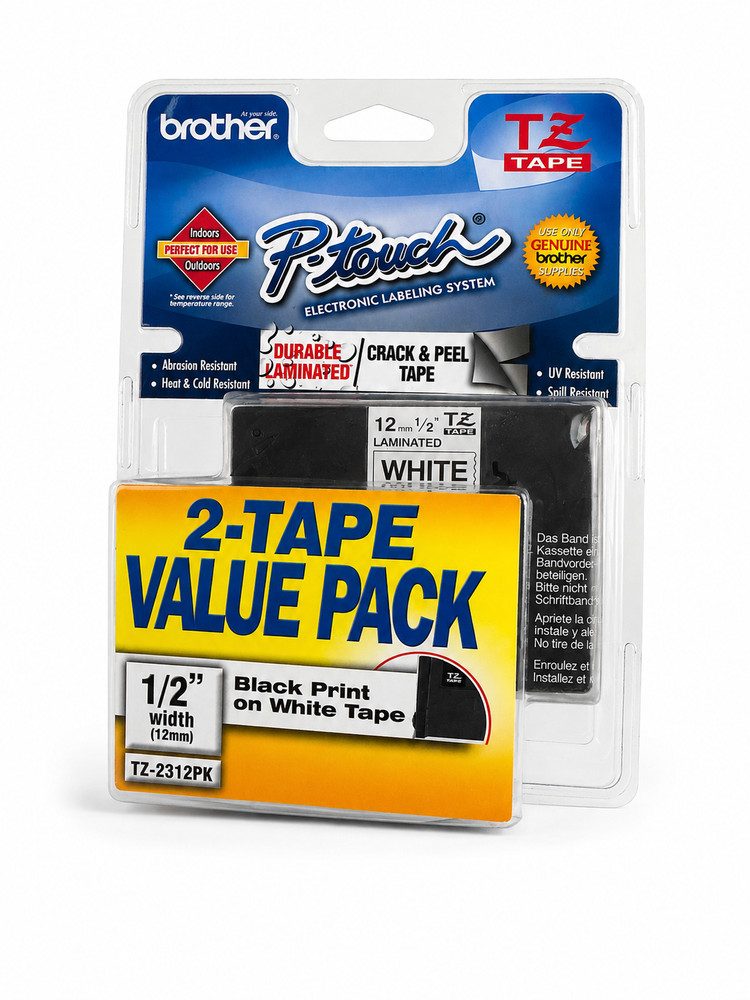 Brother P-touch TZe-2312PK 1/2″ Black on White Laminated Label Tape 2-Pack