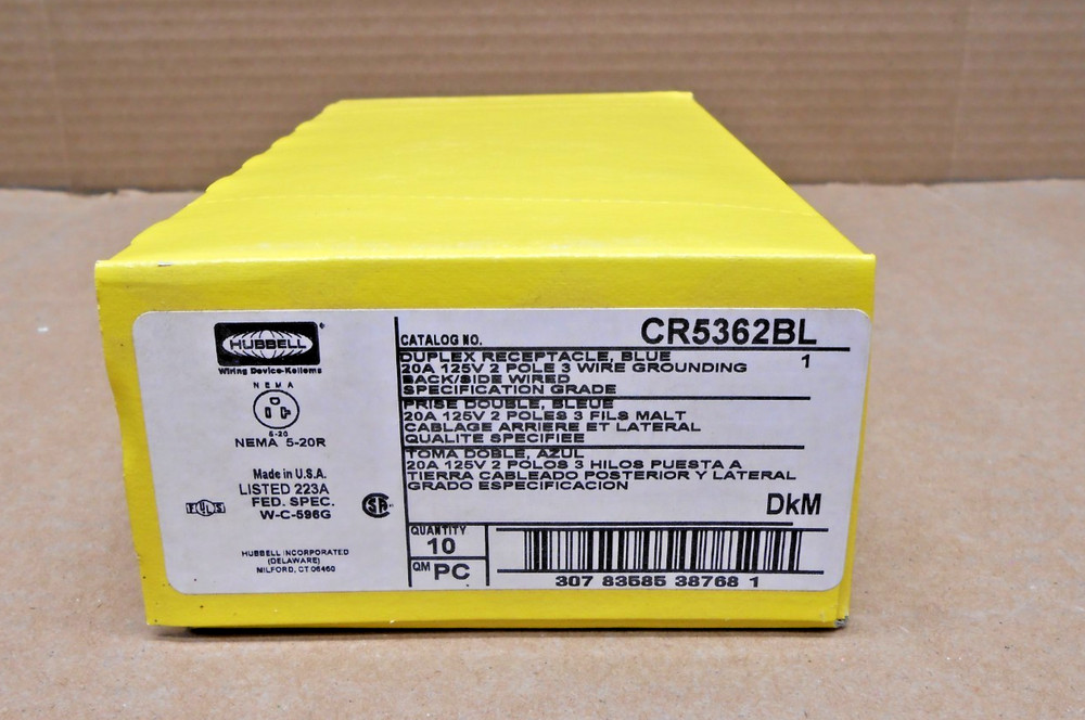 CASE OF 10 HUBBELL CR5362BL DUPLEX RECEPTACLE BLUE 20 AMP 125V 2P (20 BOX AVAIL)