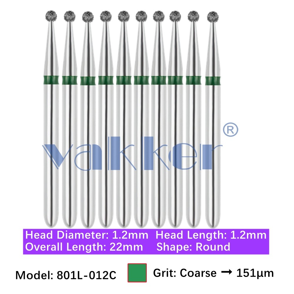 10pc Dental 801L-012C Coarse Grit FG Diamond Burs Friction Grip Round Shape