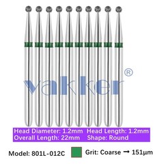 10pc Dental 801L-012C Coarse Grit FG Diamond Burs Friction Grip Round Shape