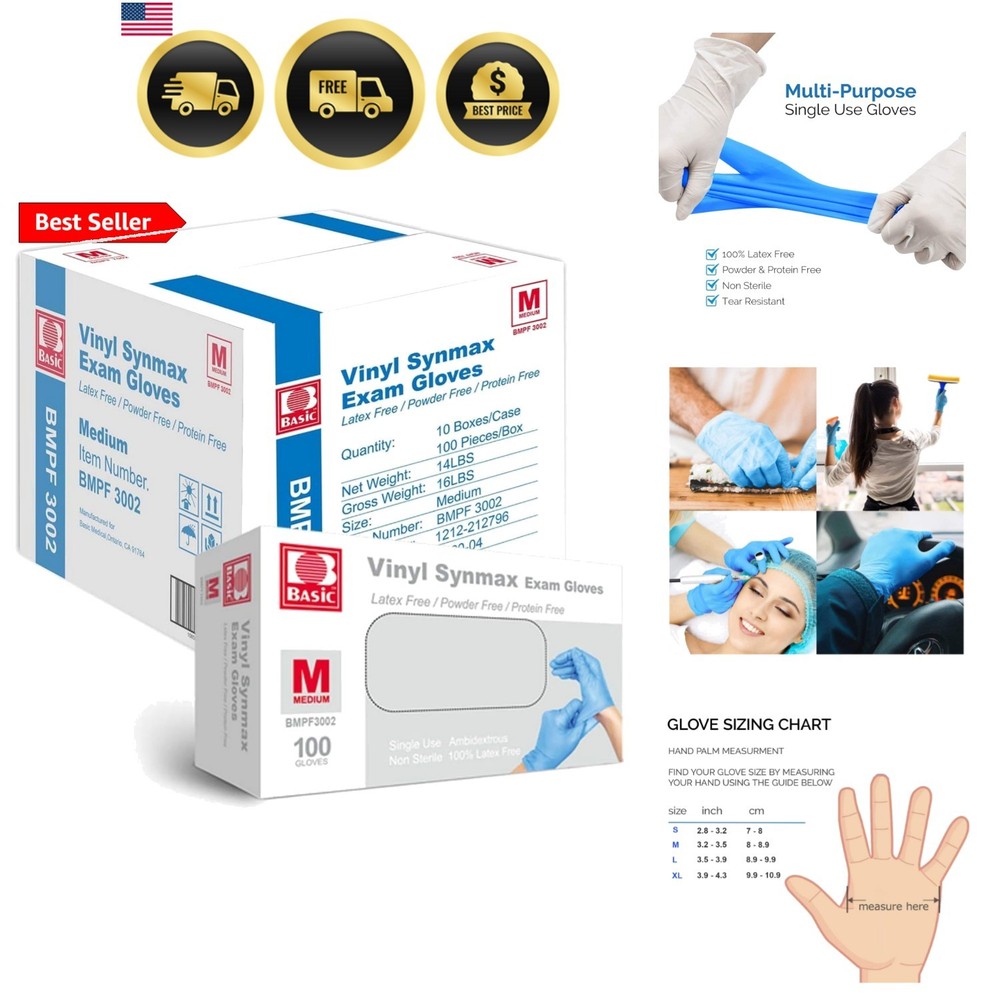 Basic Synmax Vinyl Exam Gloves Disposable Exam Gloves, 4 Mil, Blue, Latex & P…