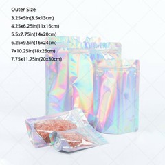 Assorted Size Clear Front Holographic Silver Mylar Stand Up Zip Lock Pouch Bag S