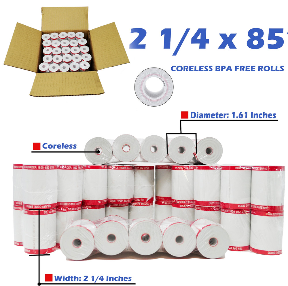 2-1/4″ X 85′ THERMAL PAPER 50 ROLLS VERIFONE VX520 CORE LESS CREDIT CARD ROLLS