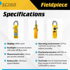 Compact HVACR Clamp Multimeter SC260 – True RMS Clamp Meter with Temperature, Ca