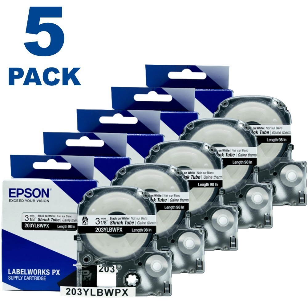 Epson LABELWORKS 203YLBWPX Black on White Shrink Tube 1/8″ (3mm) Tape **5-PACK**