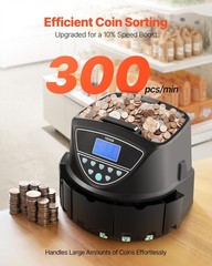 VEVOR USD Coin Sorter Counter Wrapper Roller 300 Coins/min 5 Tubes LCD Display