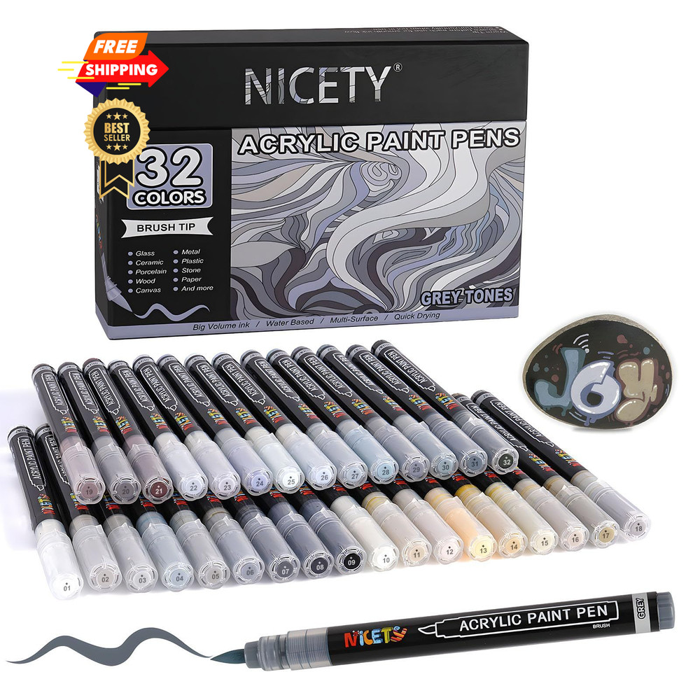 NICETY 32 Colors Acrylic Paint Markers, Pens 1 Count (Pack of 32), Grey