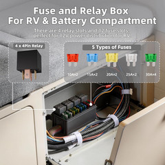 Waterproof 12V Fuse Relay Box 12 ATO/ATC Fuse and 4 Way Relay Block with Pre-Wir