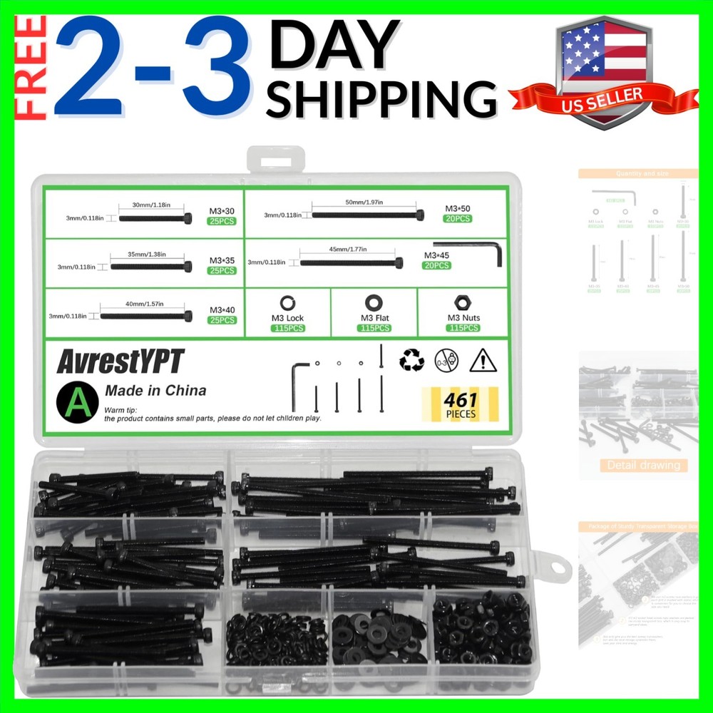 461 Pieces M3 x 30mm /35mm /40mm /45mm /50mm Socket Head Screws M3 Long Screw…