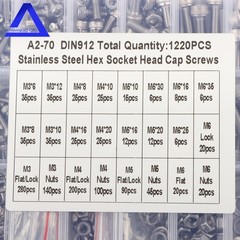 1220PCS M3 M4 M5 M6 Metric Screws Assortment Kit, Hex Socket Head Cap Bolts Nuts