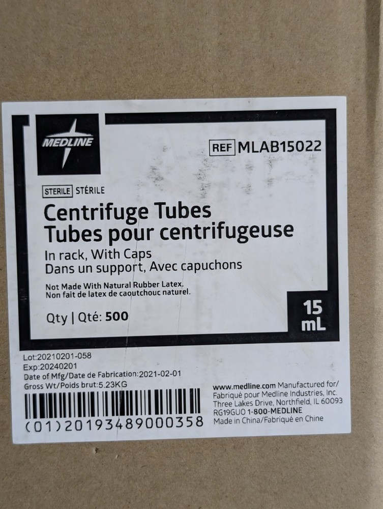 Medline MLAB15022 15mL Sterile Centrifuge Tubes 500/Case In Rack Caps Ex 02/24
