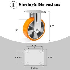 6 Inch Industrial Fixed Casters (2 Pack), Maintenance-Free Polyurethane on Al…
