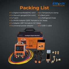 Elitech Digital 4 Valve Manifold Gauge w/Hoses Clamps & Vacuum Gauge, EMG-40VPro