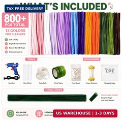 800 PCS Pipe Cleaners Bulk Flowers Kit, Pipe Cleaners Craft with Handle, 13 Colo