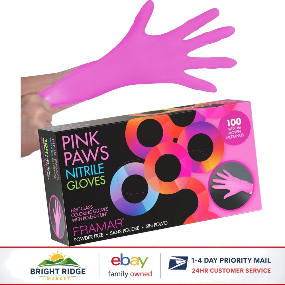 Medium Pink Nitrile Gloves, Disposable and Ambidextrous, 100 Count for Hair Dye