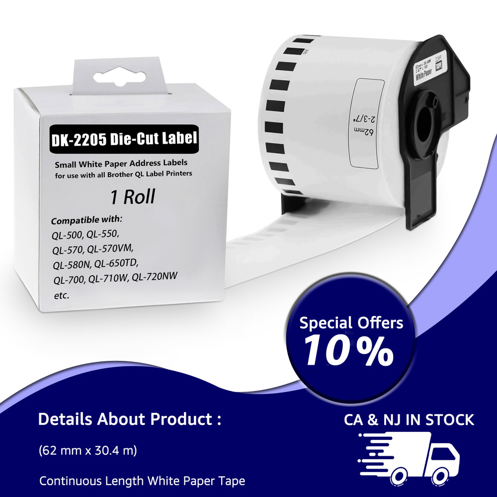 1 Roll 62mm x 30.48m Continuous Length Label DK-2205 Fit for Brother QL-1050